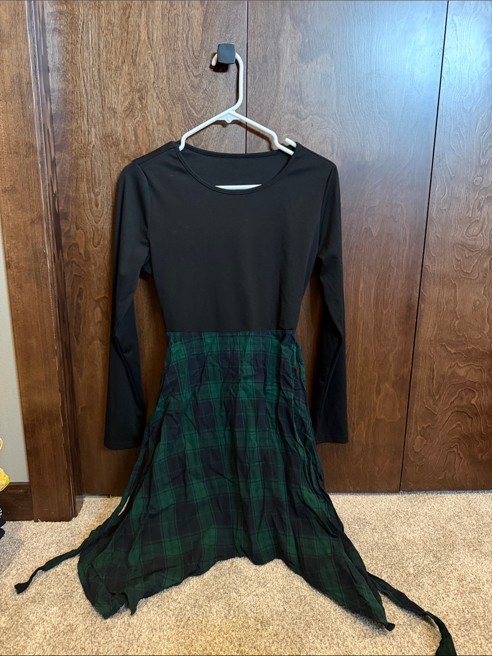 Women’s Black Long-Sleeve Dress with Green Plaid Skirt
